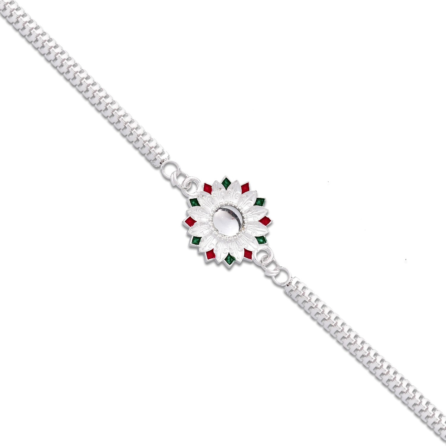 Elegant Silver-plated Floral Rakhi With Red And Green Meenakari Accents Elegant Silver-plated Floral Rakhi With Red And Green Meenakari Accents